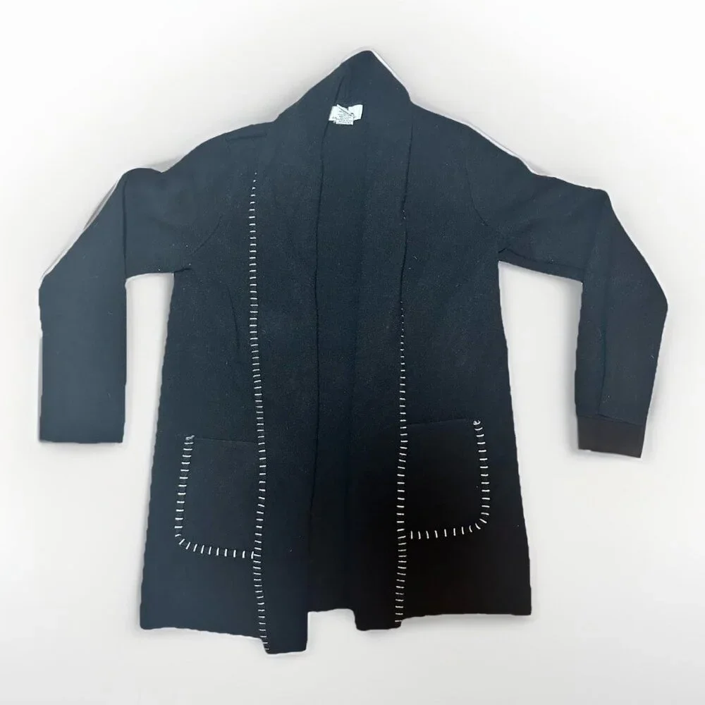 Magaschoni Sweater Women’s Large Black Cardigan White Stitch Trim Front Pockets - Picture 9 of 9
